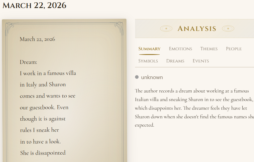 Analysis panel showing detected themes, people, and emotions
