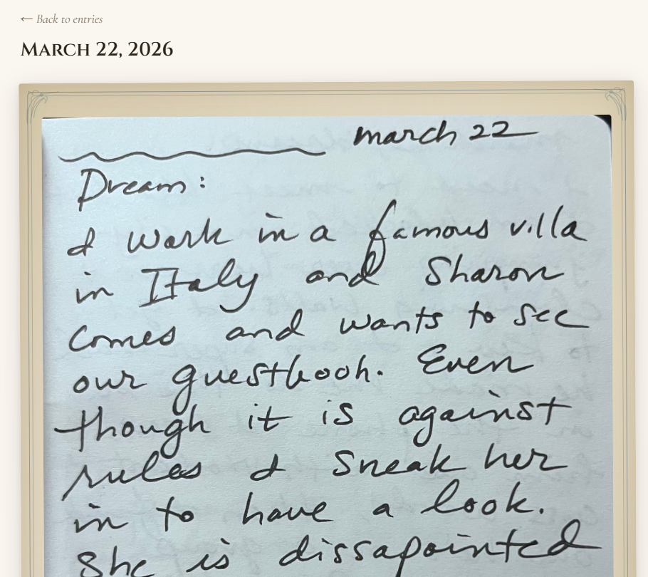 Original handwritten journal page in the vault's parchment frame